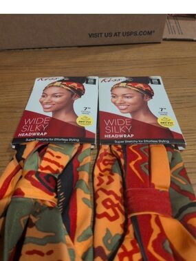 Kiss Wide Silky Headwrap - Orange, Green, Red Pattern